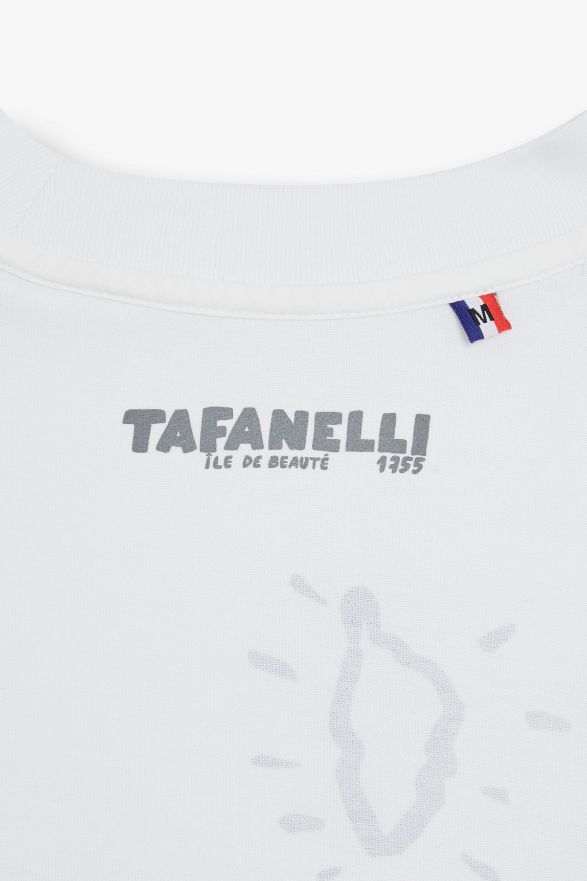 T-shirt blanc Tafanelli Île de Beauté 1955, coton lourd sérigraphié, col rond, drapeau français